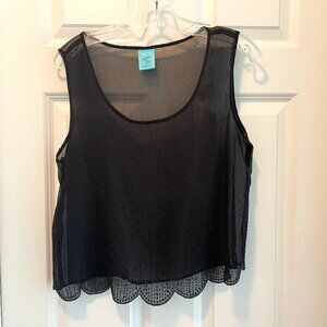Gauzy Black Sheer Beaded Top, Subtle Design, Scalloped Edge, Sleeveless, NWOT